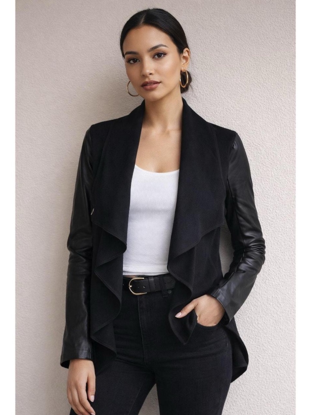 Rafaella Faux Leather Drape Front Jacket blazer